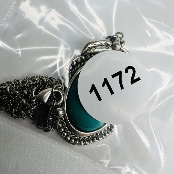 AEO Silver Textured Leaf Framed Faux Turquoise Southwestern Necklace 32" 1172 - Picture 8 of 8